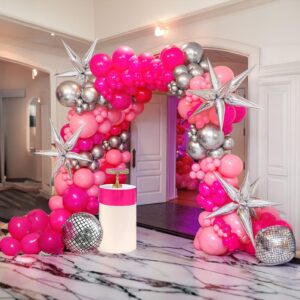 yeewaka hot pink and silver disco balloon arch garland kit 150pcs with disco ball star mylar balloon for back to 80s 90s discotheme prom women 30th birthday last rodeo bachelorette party decorations