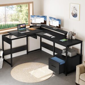 yitahome l shaped desk with lift top, 65" adjustable standing desk with file drawer, corner computer desk with storage shelves,home office desk, black