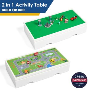 UTEX 3 in 1 Construction Play Table Compatible with Lego, Wooden Train Table, Rolling Kids Activity Play Table with Storage and Wheels, Reversible Table Top Store Under Beds or Sofas