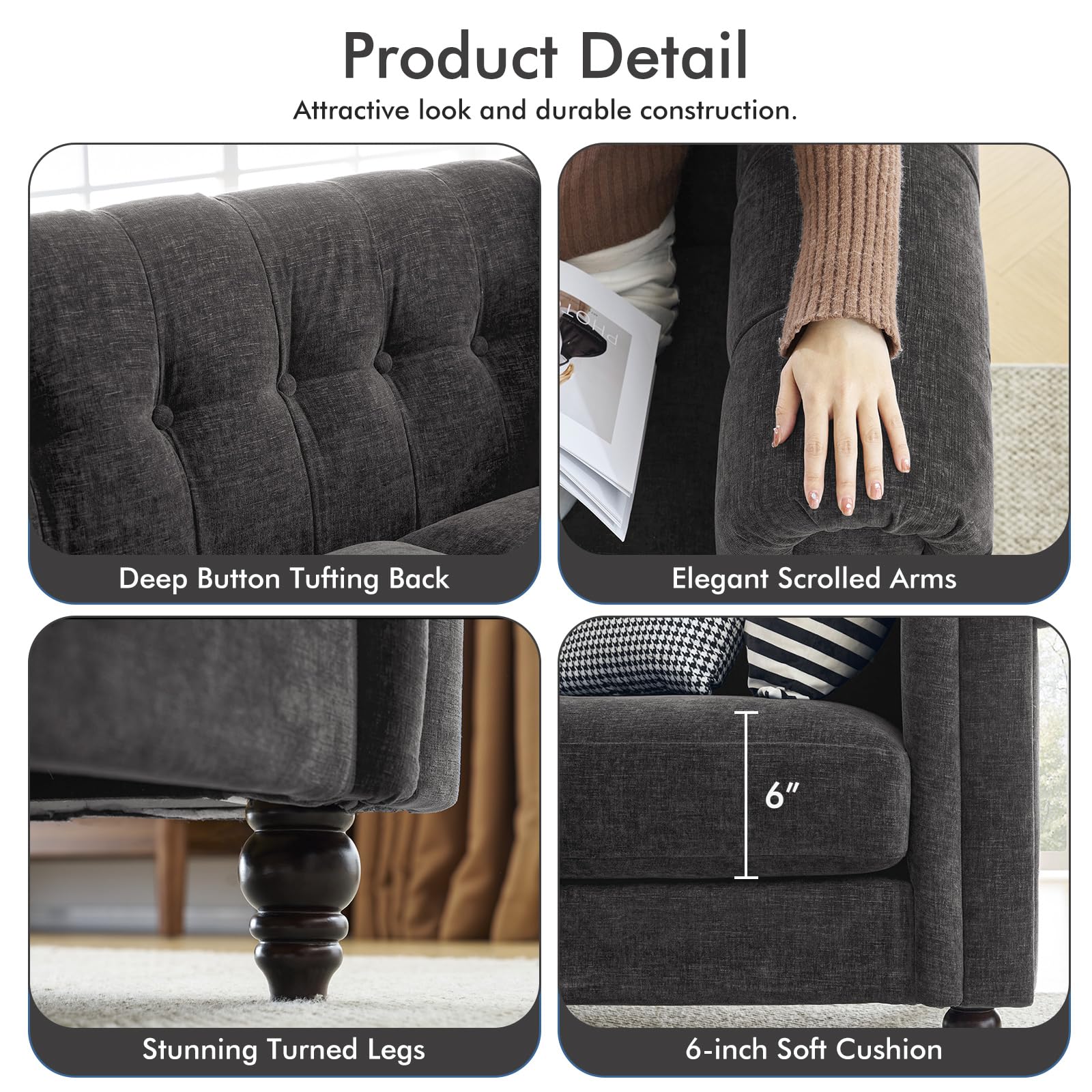 ELUCHANG 81" Oversized Sofa Couch, Modern Couches for Living Room, 3 Seater Tufted Sofa Loveseat with 23.5" Deep Seat, Comfy Chenille Fabric Chesterfield Sofa, Dark Grey