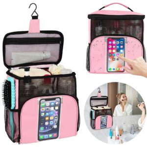 shower caddy portable, large capacity shower caddy dorm tote bag, hanging shower bag for college dorm room essentials, quick dry mesh toiletry bag with phone pocket for boys and girls (pink)