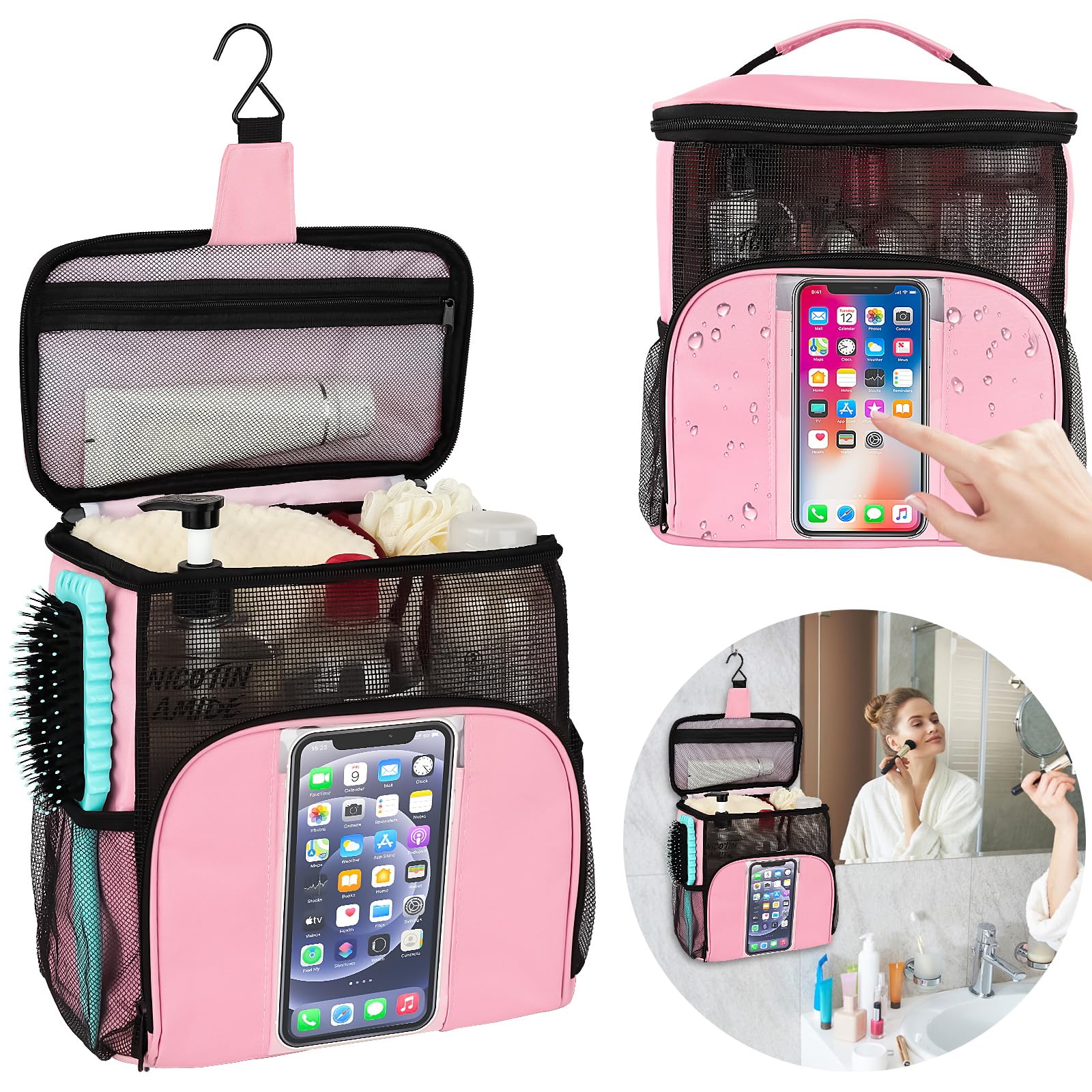 Shower Caddy Portable, Large Capacity Shower Caddy Dorm Tote bag, Hanging Shower Bag for College Dorm Room Essentials, Quick Dry Mesh Toiletry Bag with Phone Pocket for Boys and Girls (pink)