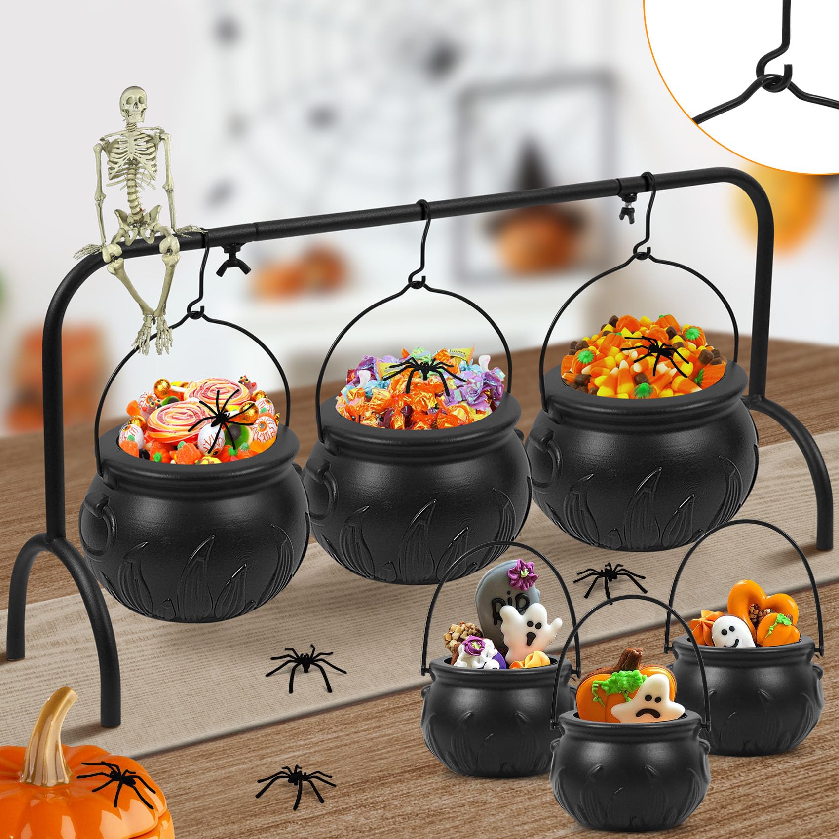 Set of 6 Halloween Witches Cauldron Serving Candy Bowls with Iron Rack Upgrade Hooks Black Plastic Punch Bucket Spiders for Halloween Party Decorations Indoor Outdoor Home Table Decor Supplies