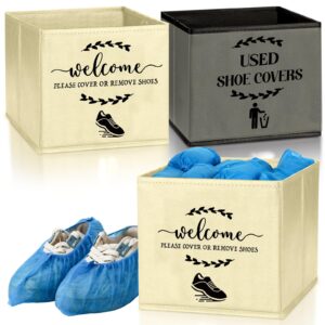 singhoow 2 pcs shoe cover boxes foldable storage bins shoe covers dispenser with used shoe covers and welcome please cover or remove shoes sign for open house supplies(dark gray, beige)