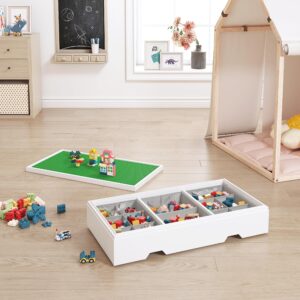 UTEX 3 in 1 Construction Play Table Compatible with Lego, Wooden Train Table, Rolling Kids Activity Play Table with Storage and Wheels, Reversible Table Top Store Under Beds or Sofas