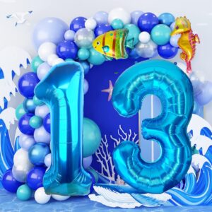 40 Inch Under the Sea Blue Number 1 Balloon, Mini Sea Animal Balloons Ocean Animal Foil Balloon, Seahorse Fish Balloons for Boys Girls Sea Theme 1st Birthday Baby Shower Party Decoration