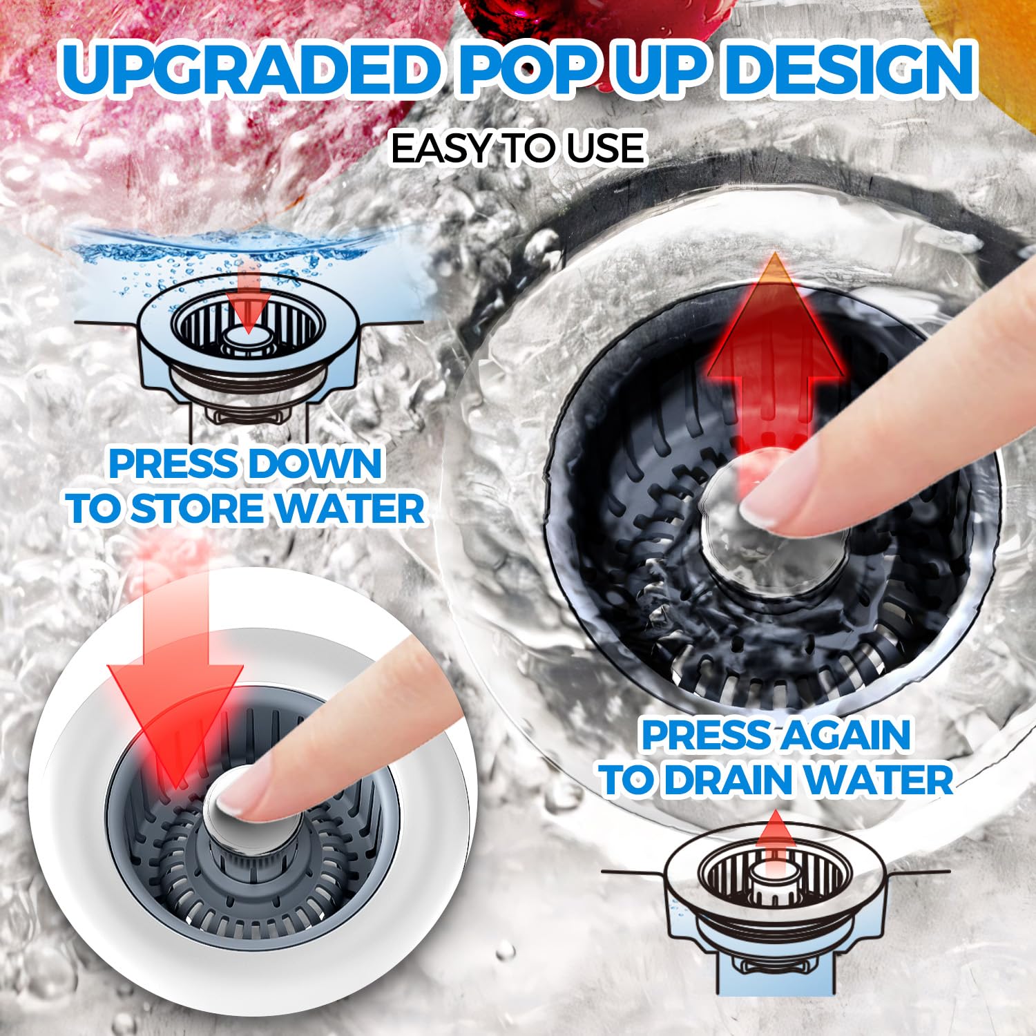 Upgraded 3in1 Kitchen Sink Drain Strainer & Sink Stopper, Stainless Steel Kitchen Drain Plug & Cover with Anti-Clogging Basket Strainer, Fit US Standard 3-1/2'' Sink Drain Hole, Silver