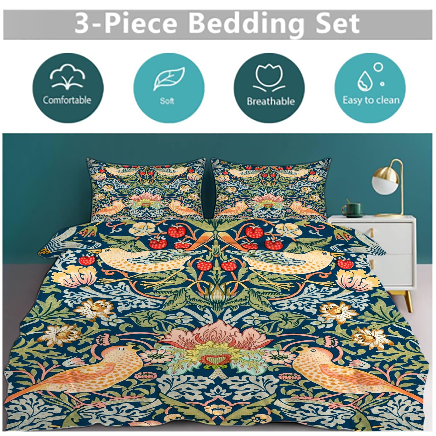 MSSHUKYTT Rustic Mid Century Boho Art Queen Size Comforter Cover Sets 3 Piece,Abstract William Morris Floral Spring Bird Fruit Prints Duvet Cover Set 2 Pillowcases(No Insert)