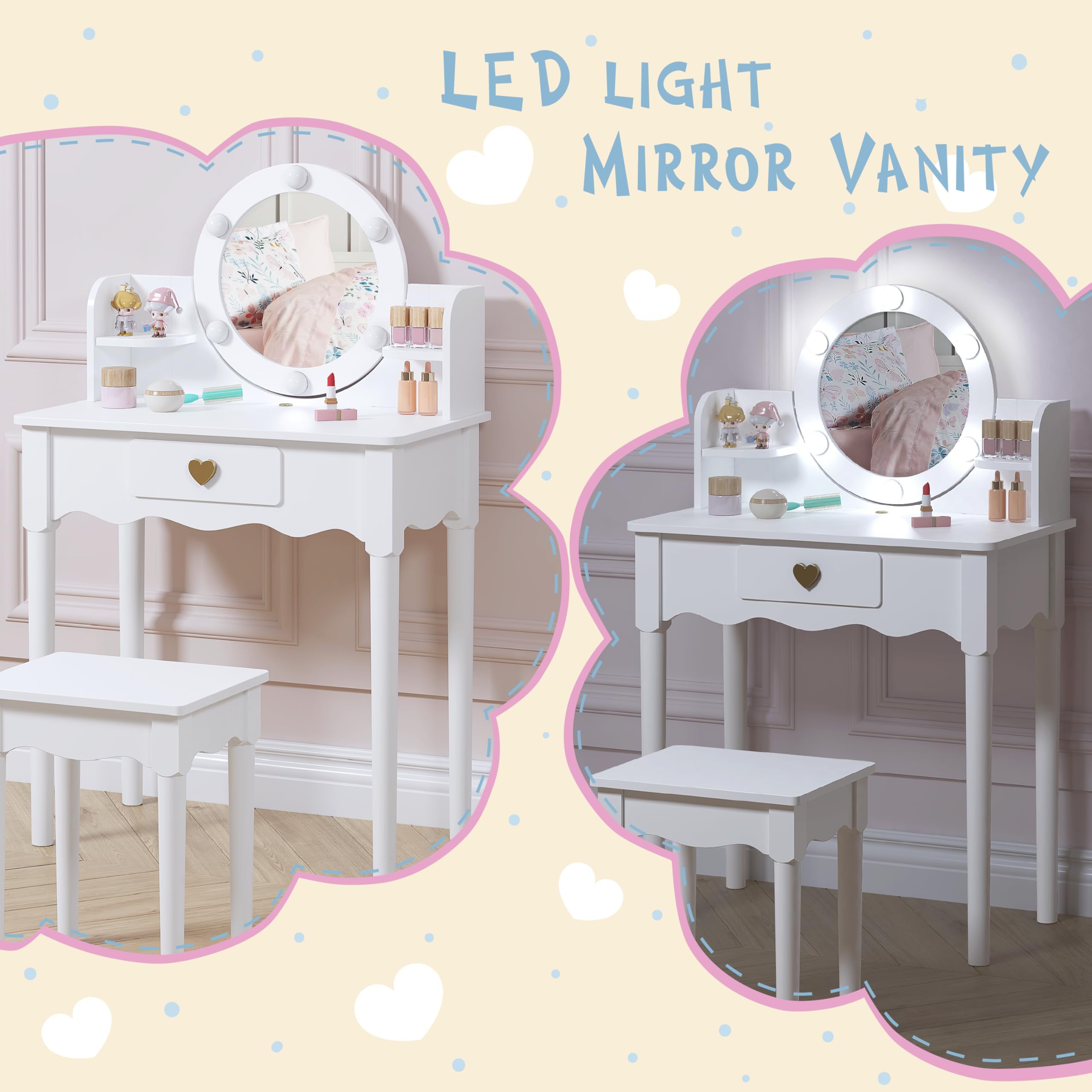 UTEX Kids Vanity, Girls Vanity Set with Mirror and Stool and Lights, Pretend Play Kids Vanity Table and Chair Set,Wooden Princess Makeup Desk Dressing Table, White