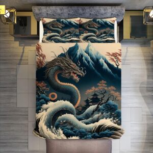 MSSHUKYTT Vintage Japanese Mount Fuji Duvet Cover Set 3 Piece Queen Size,Cool Dragon Nature Landscape Japan Great Wave Cabin Duvet Cover 2 Pillowcases(No Insert)