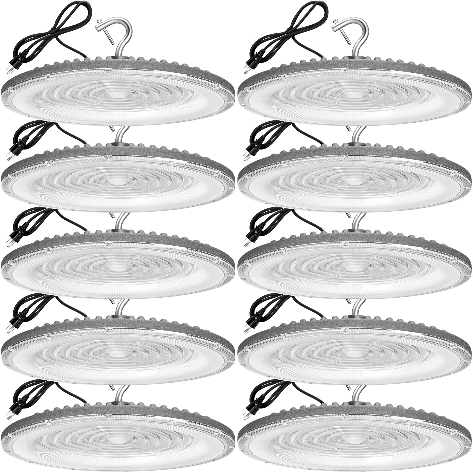 XYCN 10 Pack 250W UFO Led High Bay Light,120VAC,5000K Daylight Commercial Bay Lighting,IP66 Waterproof,41050LM,1150W MH/HPS with Plug Area Light for Warehouse/Shop/Workshop/Garage/Barn/Gym/Factory