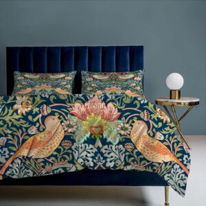 MSSHUKYTT Rustic Mid Century Boho Art Queen Size Comforter Cover Sets 3 Piece,Abstract William Morris Floral Spring Bird Fruit Prints Duvet Cover Set 2 Pillowcases(No Insert)