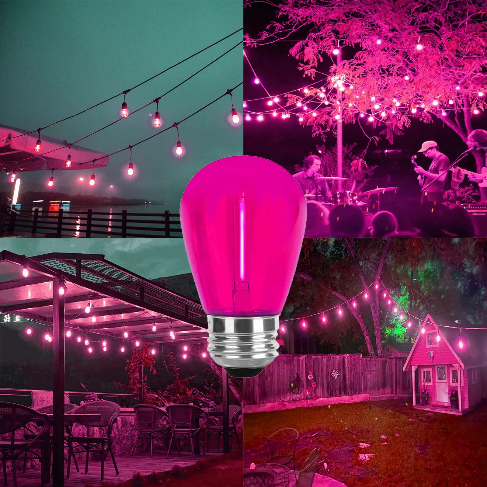 S14 Pink LED Bulb 1W Shatterproof Pink Replacement Light Bulb E26 Base LED Filament Edison Pink Colored Lights S14 Waterproof Outdoor String Replacement Bulbs for Home Yard Patio Wedding,15 Pack