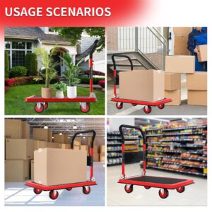 Heavy Duty Steel Platform Truck Cart，1200 lbs Weight Capacity and 360 Degree Swivel Wheels, Foldable Push Hand Cart for Loading and Storage, Reinforced Base Plate (Red,Large)