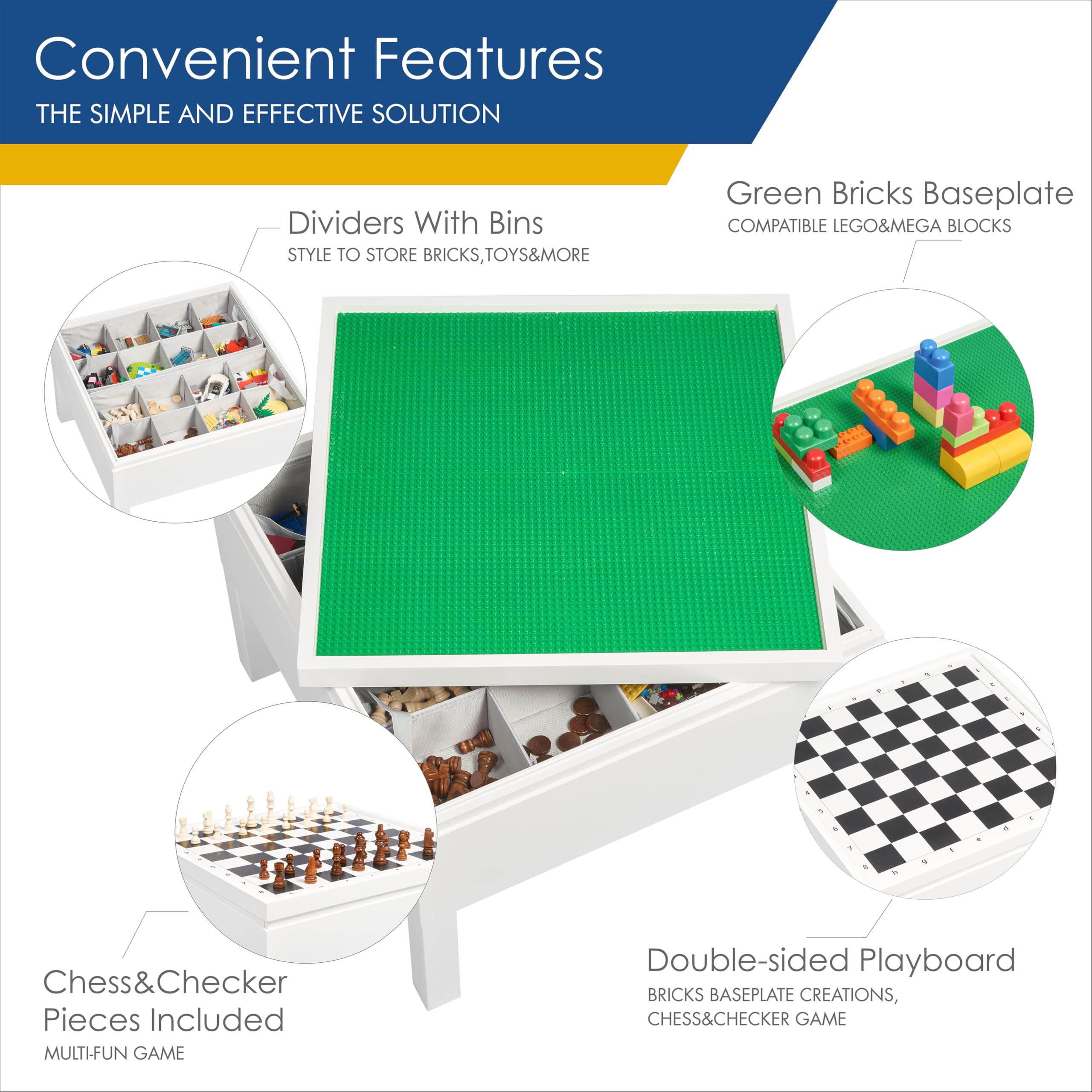 UTEX 3 in 1 Kids Activity Table with Storage, Kids Construction Play Table Compatible with Lego and Duplo Bricks, Chess Table for Building Block, Chess Gaming,Drawing, Crafts