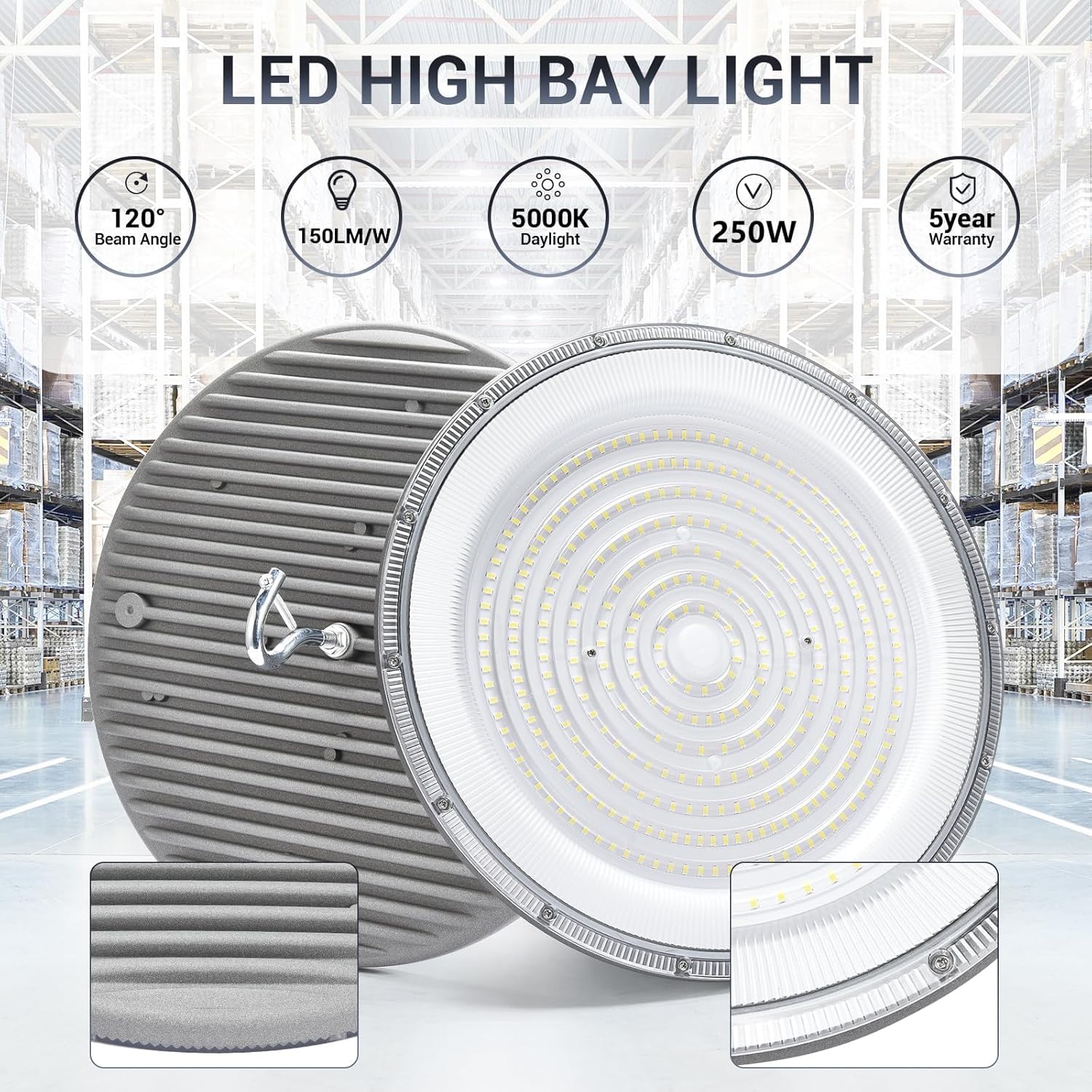 XYCN 10 Pack 250W UFO Led High Bay Light,120VAC,5000K Daylight Commercial Bay Lighting,IP66 Waterproof,41050LM,1150W MH/HPS with Plug Area Light for Warehouse/Shop/Workshop/Garage/Barn/Gym/Factory