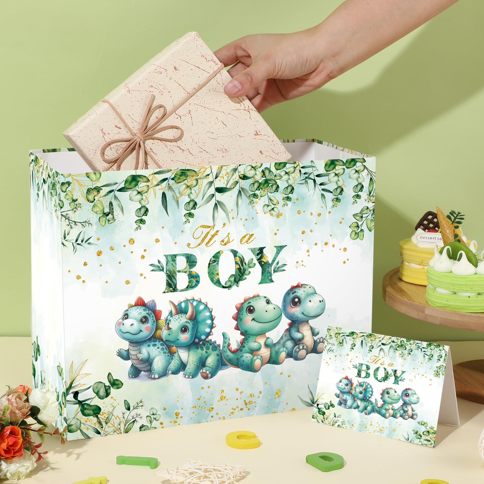 Baby Shower Decoration Gift Bags for Boys It's a BOY Dinosaur Gift Bag with Greeting Card and Tissue Paper for Baby Shower Birthday Wrapping Paper Bag for Newborn Dinosaur Birthday Party Supplies