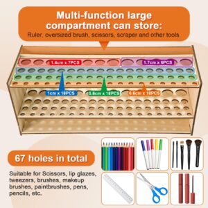 HESHUYU Wooden Paint Brush Holder 67 Hole and Large Tool Compartment Paint Brush Organizer Desk Paintbrush Holder Stand Wood Paint Brush Rack