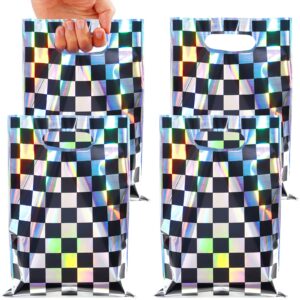 50 pcs iridescent checkered race car party favor bags, plastic black and iridescent car goodie treat bags, racecar laser plaid candy gift bags for kids fast race car birthday party decorations