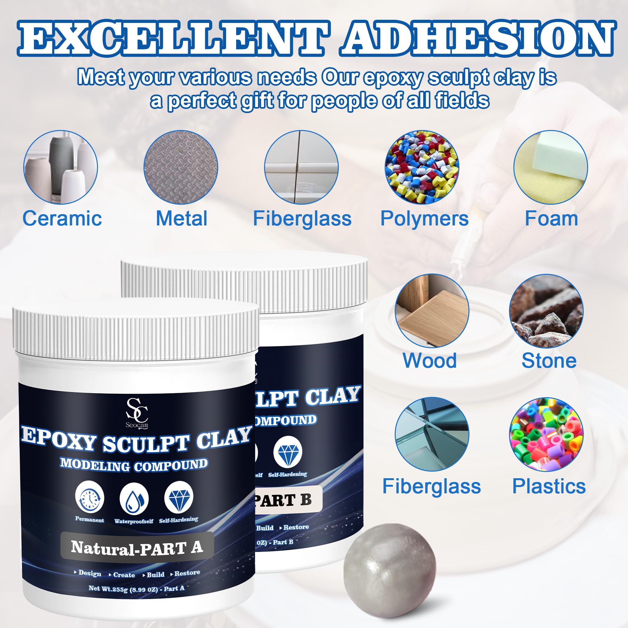 Seocam Epoxy Sculpt Clay, Epoxy Putty for Epoxy Sculpt, 2 Part Modeling Compound (A & B) of Sculpting Clay, Magic Sculpt Epoxy Clay for Sculpting, Modeling, Building and Repairing, 1 Pound, Natural