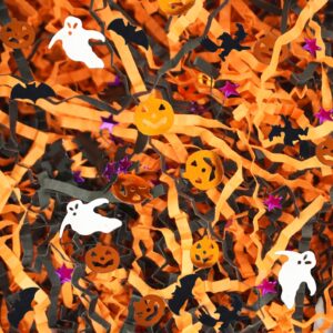 torontokyo 2lb halloween black orange crinkle cut paper with pumpkin bat ghost witch star confetti, raffia paper shredded paper filler for gift wrapping craft diy basket filling party decoration