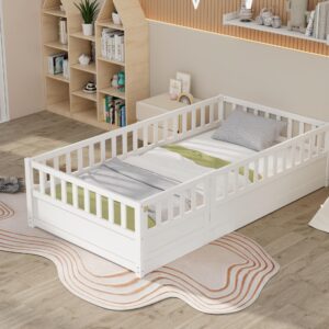 ECKF Twin Size Montessori Floor Bed with High Fence, Door and Slats, Wood Kids Bed Twin Size, Floor-Bed-Frame for Bedroom, Toddlers, Boys Girls, Kids Playroom (White, Twin)