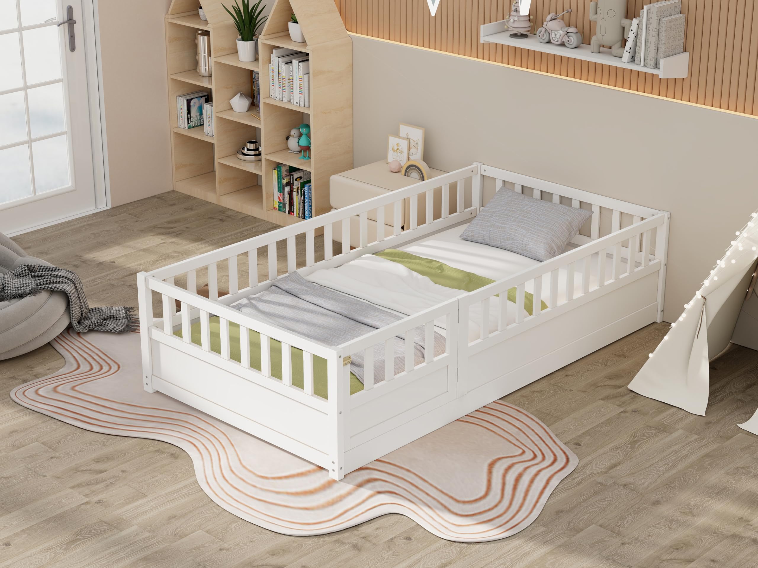 ECKF Twin Size Montessori Floor Bed with High Fence, Door and Slats, Wood Kids Bed Twin Size, Floor-Bed-Frame for Bedroom, Toddlers, Boys Girls, Kids Playroom (White, Twin)