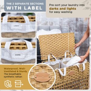 BeeDaul Laundry Hamper 2 Section with Lid, Wheels Made of Synthetic Rattan - Includes 2 Removable Mesh Laundry Bags, Foldable, with Handle - Laundry Sorter and Organizer, Bathroom Essentials