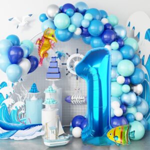 40 Inch Under the Sea Blue Number 1 Balloon, Mini Sea Animal Balloons Ocean Animal Foil Balloon, Seahorse Fish Balloons for Boys Girls Sea Theme 1st Birthday Baby Shower Party Decoration