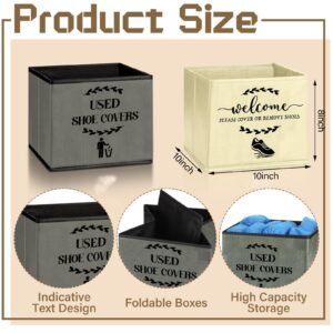 Singhoow 2 Pcs Shoe Cover Boxes Foldable Storage Bins Shoe Covers Dispenser with Used Shoe Covers and Welcome Please Cover or Remove Shoes Sign for Open House Supplies(Dark Gray, Beige)