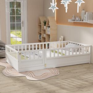 eckf twin size montessori floor bed with high fence, door and slats, wood kids bed twin size, floor-bed-frame for bedroom, toddlers, boys girls, kids playroom (white, twin)