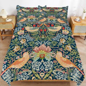 MSSHUKYTT Rustic Mid Century Boho Art Queen Size Comforter Cover Sets 3 Piece,Abstract William Morris Floral Spring Bird Fruit Prints Duvet Cover Set 2 Pillowcases(No Insert)