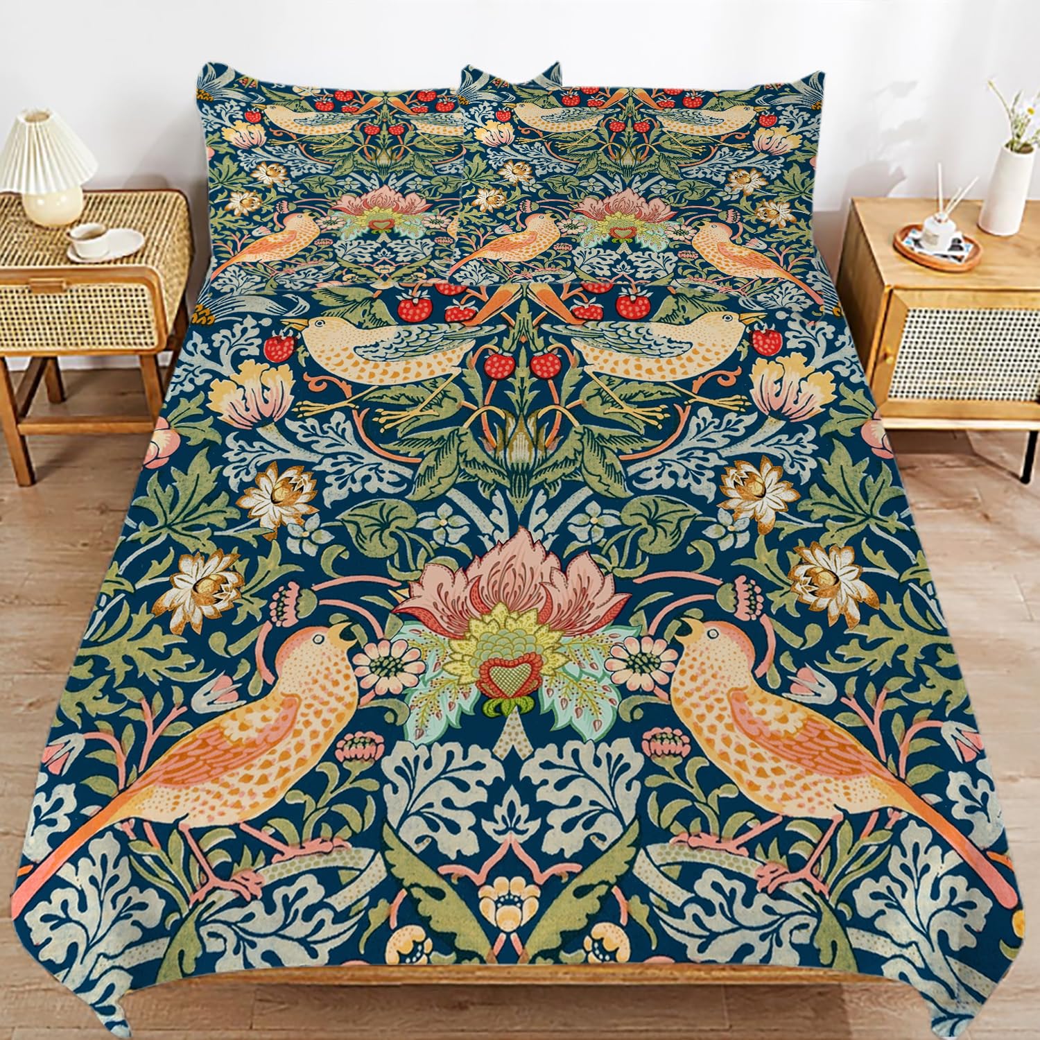 MSSHUKYTT Rustic Mid Century Boho Art Queen Size Comforter Cover Sets 3 Piece,Abstract William Morris Floral Spring Bird Fruit Prints Duvet Cover Set 2 Pillowcases(No Insert)