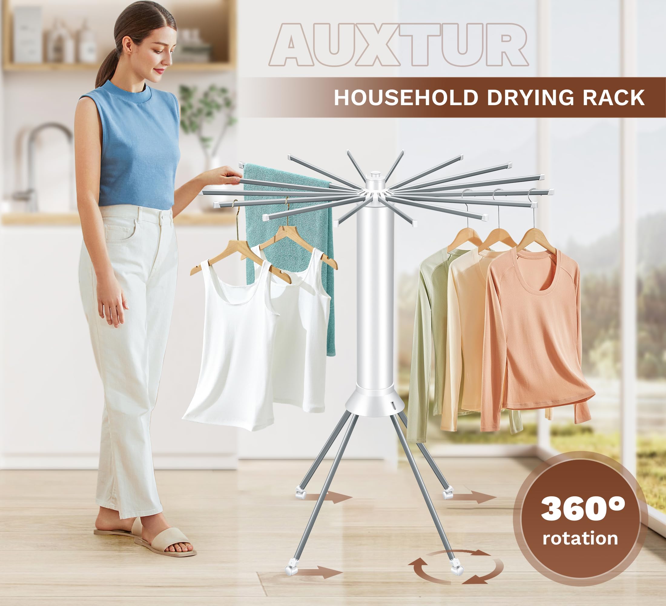 AUXTUR Clothes Drying Rack Wheels Foldable with Quadruped Support|Portable Laundry Drying Rack Hanger with Tail & Bottom Pulley - Convenient Storage & Outdoor Laundry Rack for Hanging Clothes