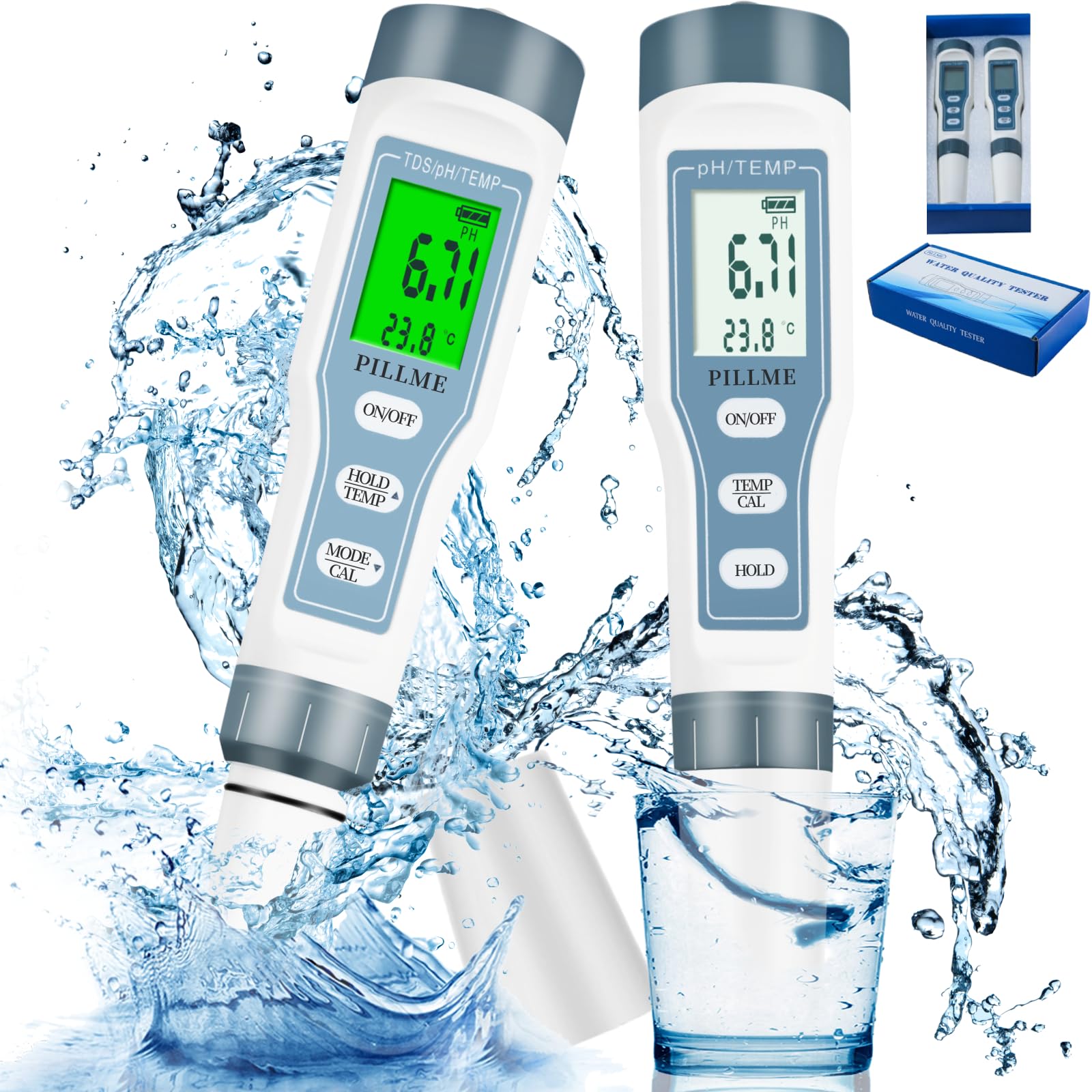 PILLME 2Pack Digital PH Meter PH Tester 0.01 PH High Accuracy Water Quality Tester with ATC: 3 in 1 PH TDS Temp Pocket Size for Household Drinking Water, Hydroponics, Lab, Aquarium