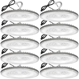 xycn 10 pack 150w ufo led high bay light,120vac,5000k daylight commercial bay lighting,ip66 waterproof,21050lm,650w mh/hps with plug area lighting for warehouse/shop/workshop/garage/barn/gym/factory