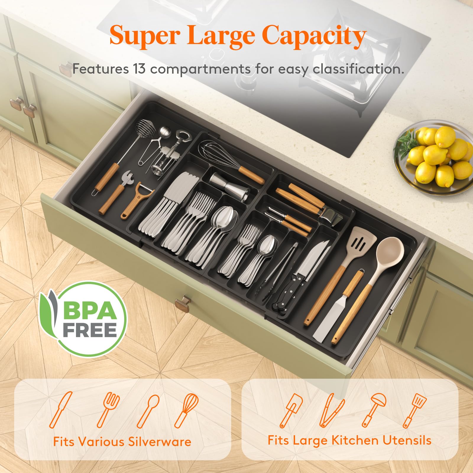 Lifewit Large Silverware Drawer Organizer, Expandable to 36 Inches Wide, BPA Free Plastic Utensil Tray for Kitchen, Adjustable Flatware and Cutlery Holder for Spoons Forks Knives, Black