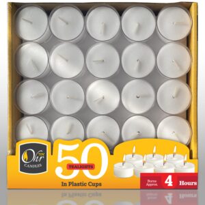 Ohr Tealight Candles in Clear Cup - 50 Pack Bulk Tea Lights Candles - White Tealights Unscented - 4 Hour Burn Time