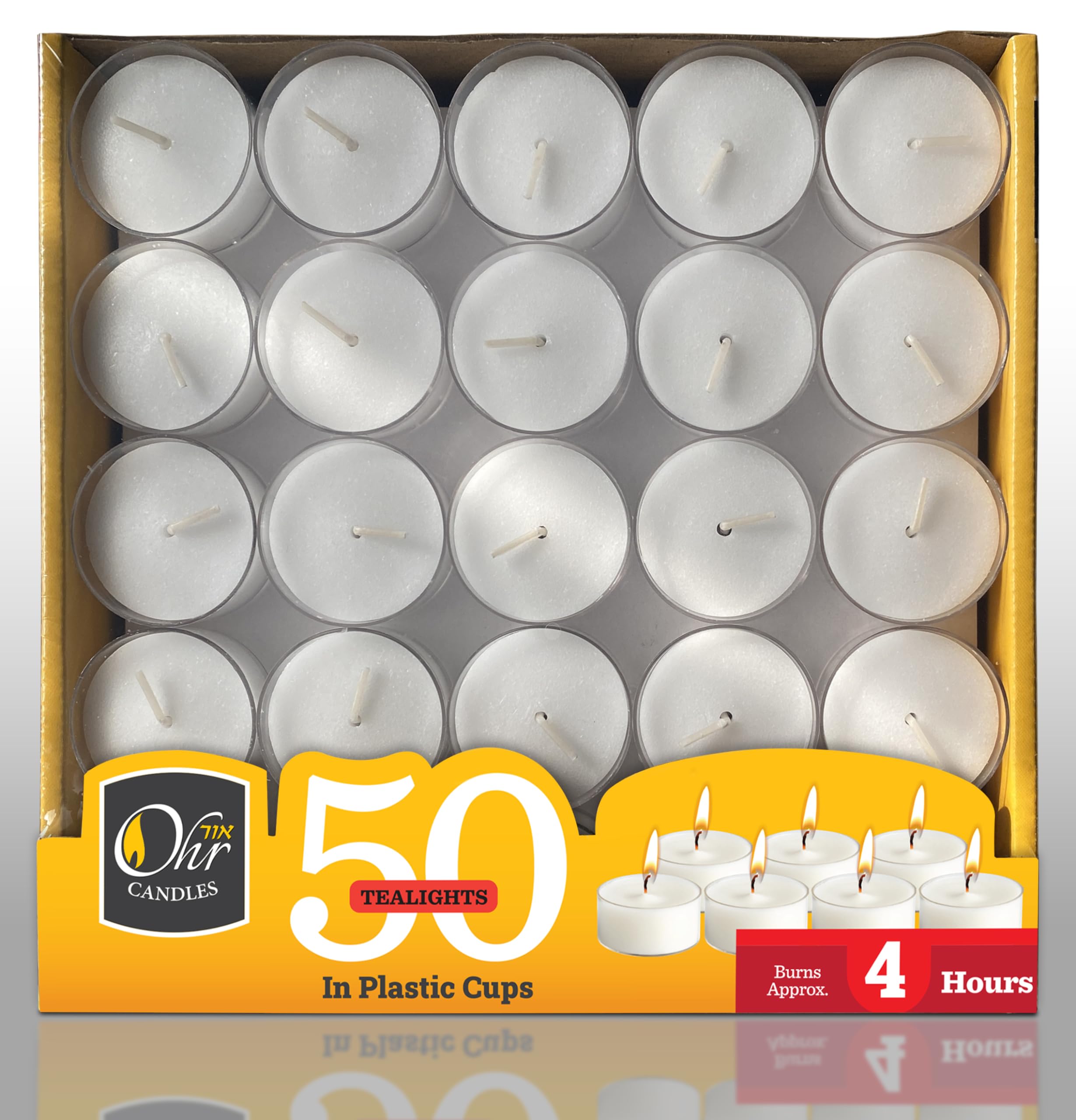 Ohr Tealight Candles in Clear Cup - 50 Pack Bulk Tea Lights Candles - White Tealights Unscented - 4 Hour Burn Time