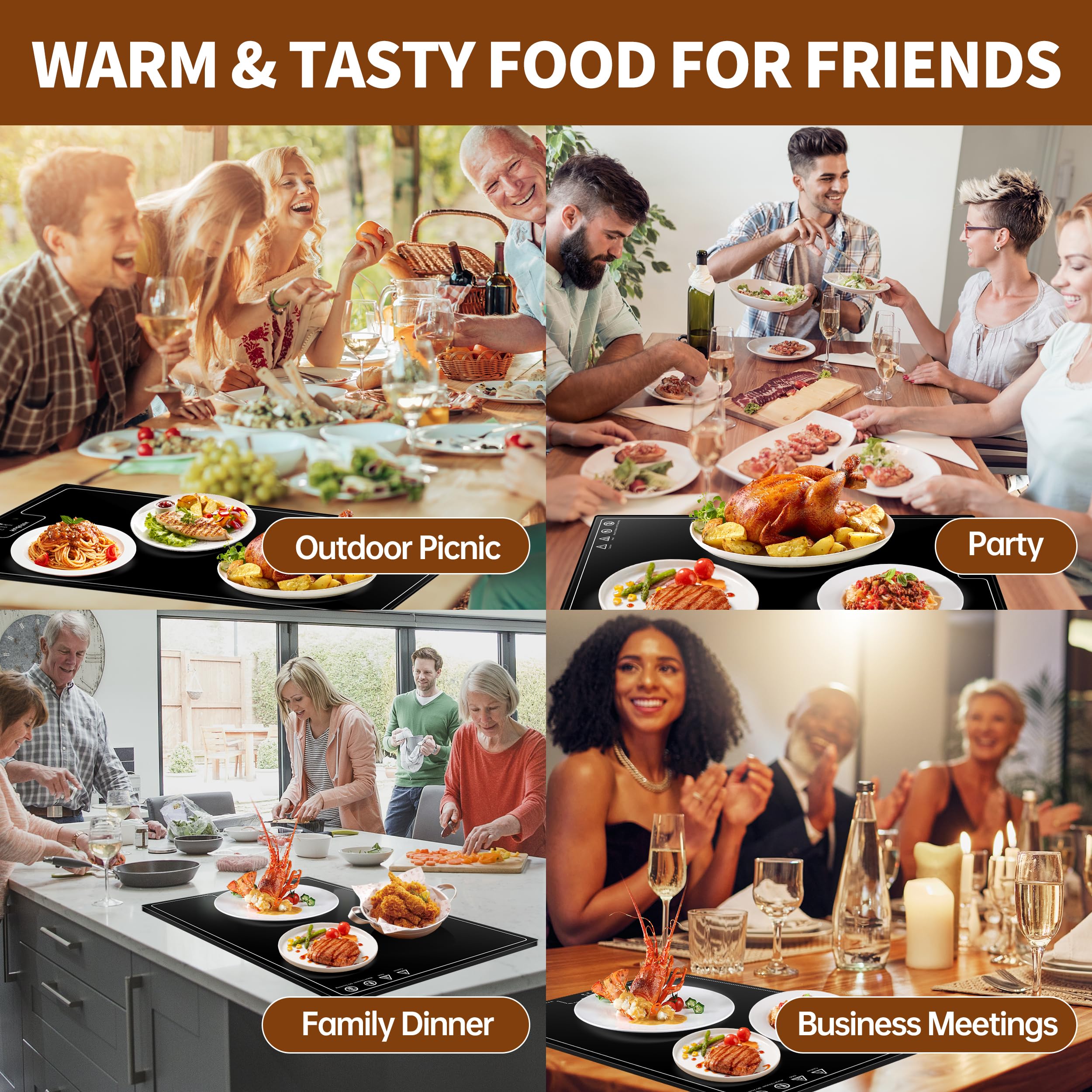 Electric Warming Tray（Large 22"x14"），Food Warmer with Thermostat and Full Surface Heating，Food Warming Mat with 2 Temperature Modes for Parties Buffet，Gatherings，Gold Edge Handles Warming Mat for Food