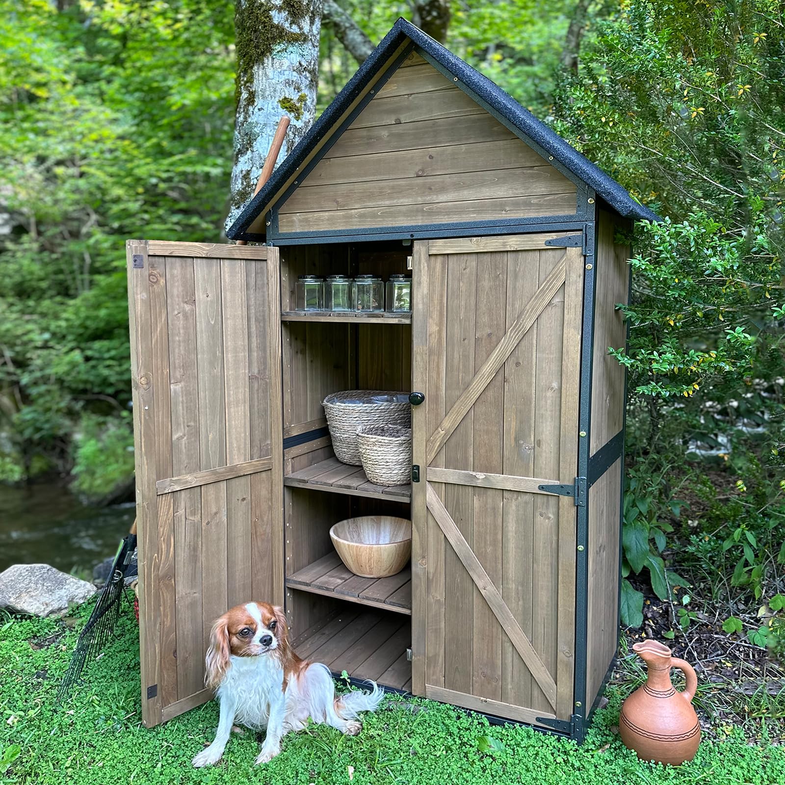 Aivituvin Shed Outdoor Storage Cabinet with All-Around Strong Metal Frame Wooden Tool House with Adjustable Shelfs and Floor,Waterproof Roof (Brown)