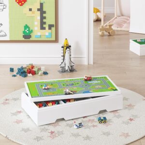 UTEX 3 in 1 Construction Play Table Compatible with Lego, Wooden Train Table, Rolling Kids Activity Play Table with Storage and Wheels, Reversible Table Top Store Under Beds or Sofas