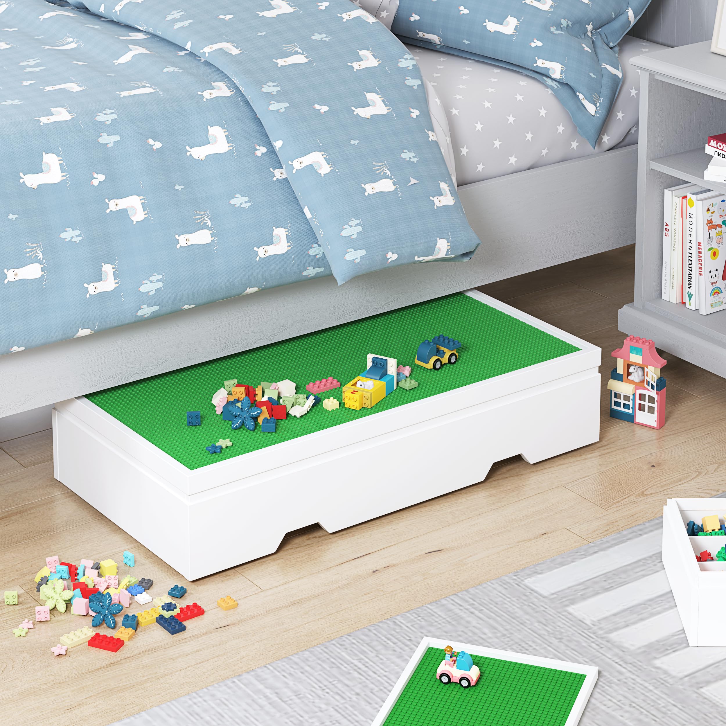 UTEX 3 in 1 Construction Play Table Compatible with Lego, Wooden Train Table, Rolling Kids Activity Play Table with Storage and Wheels, Reversible Table Top Store Under Beds or Sofas