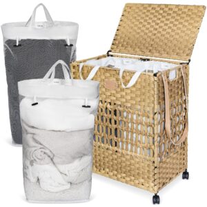 beedaul laundry hamper 2 section with lid, wheels made of synthetic rattan - includes 2 removable mesh laundry bags, foldable, with handle - laundry sorter and organizer, bathroom essentials