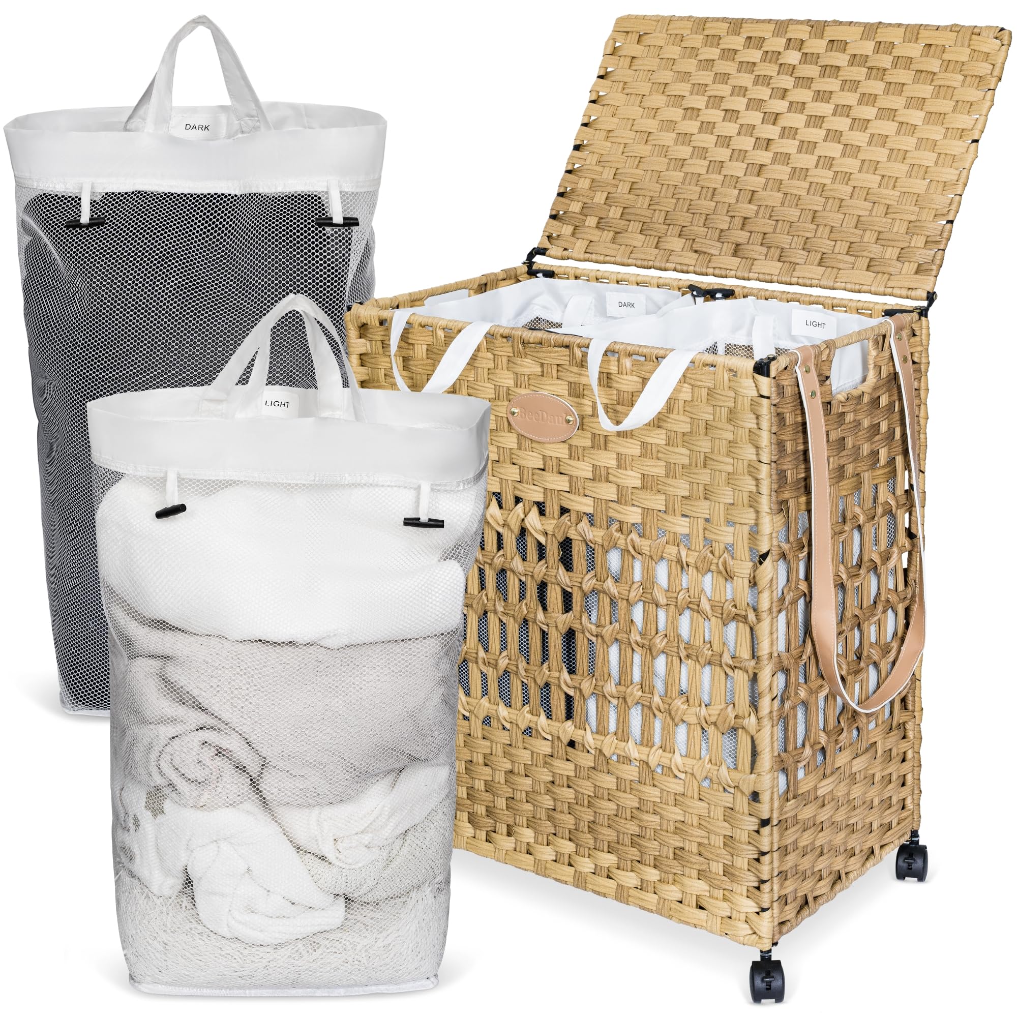 BeeDaul Laundry Hamper 2 Section with Lid, Wheels Made of Synthetic Rattan - Includes 2 Removable Mesh Laundry Bags, Foldable, with Handle - Laundry Sorter and Organizer, Bathroom Essentials