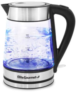 elite gourmet ekt602x glass electric tea kettle hot water heater boiler bpa-free with blue led interior, fast boil and auto shut-off, strix controller, 1.7l, stainless steel