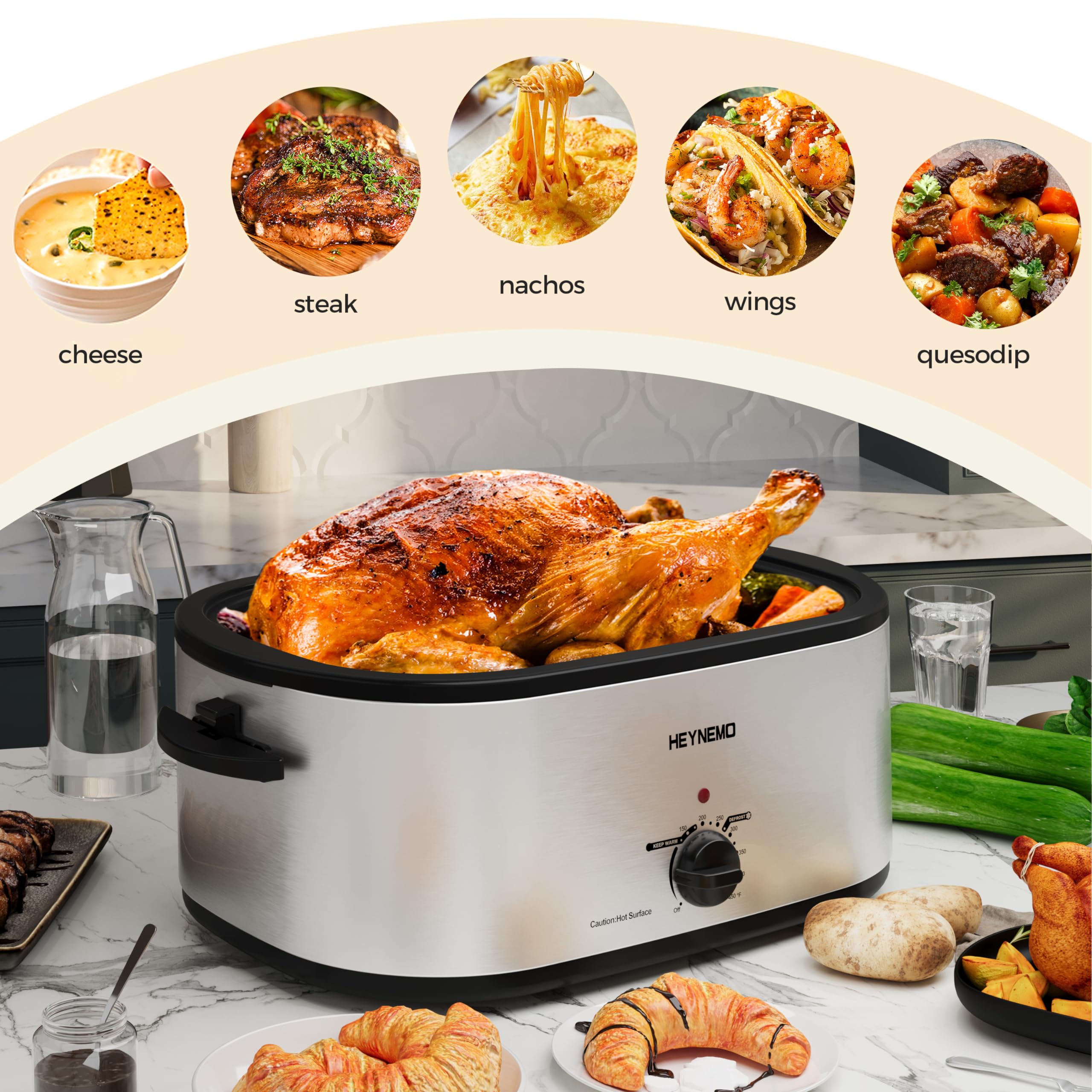 Roaster Oven 28 Quart, Electric Roaster Pan with Visible & Self-Basting Lid, Large Stainless Steel Electric Turkey Roaster Oven Defrost Warm Function, Removable Pan Rack, Fits Turkeys Up to 30LB