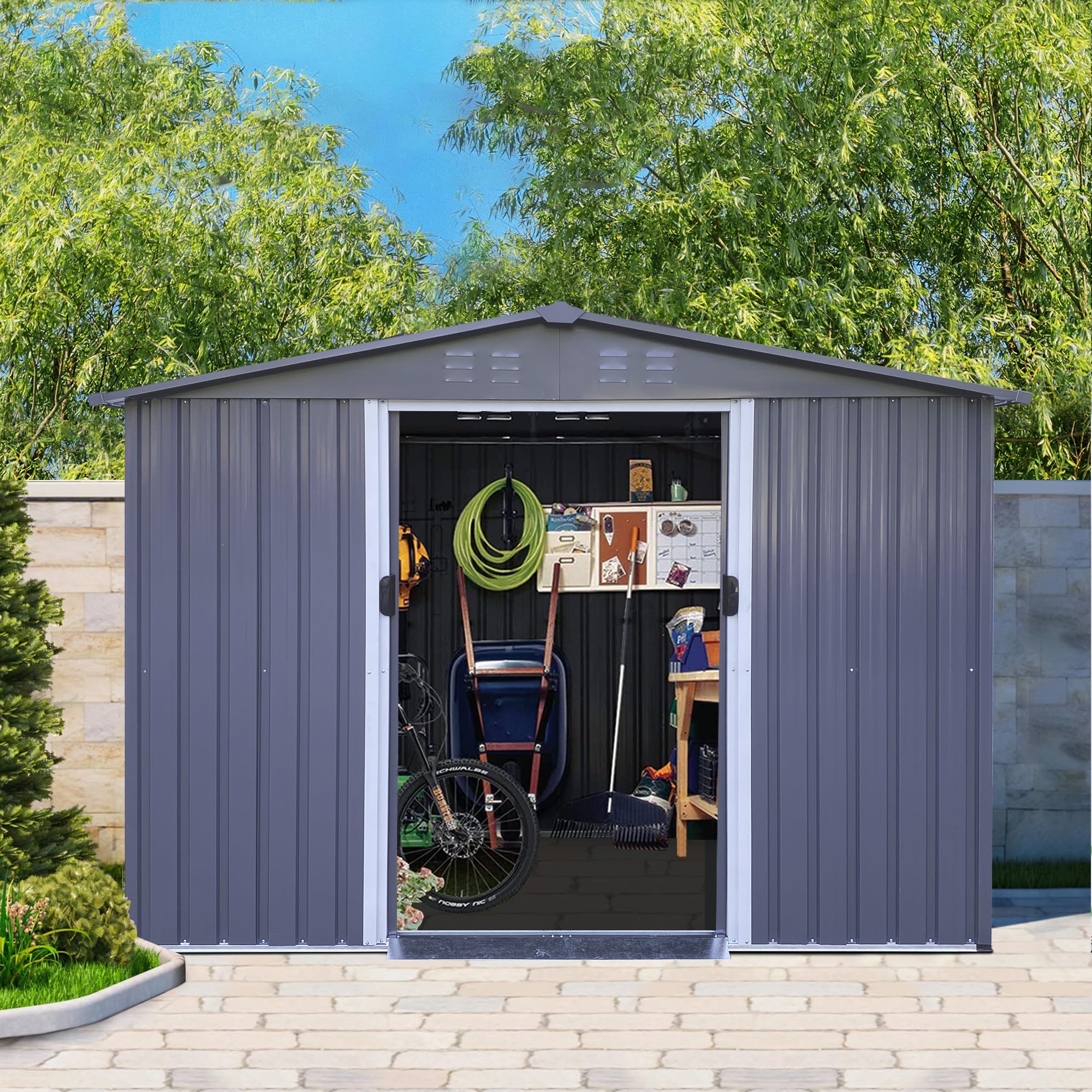 Jintop 8 x 6 FT Outdoor Metal Storage Shed with Window and Punched Vents,Heavy Duty Storager House w/Sliding Doors & Padlock,Large Waterproof Tool Sheds for Garden,Backyard,Lawn,White