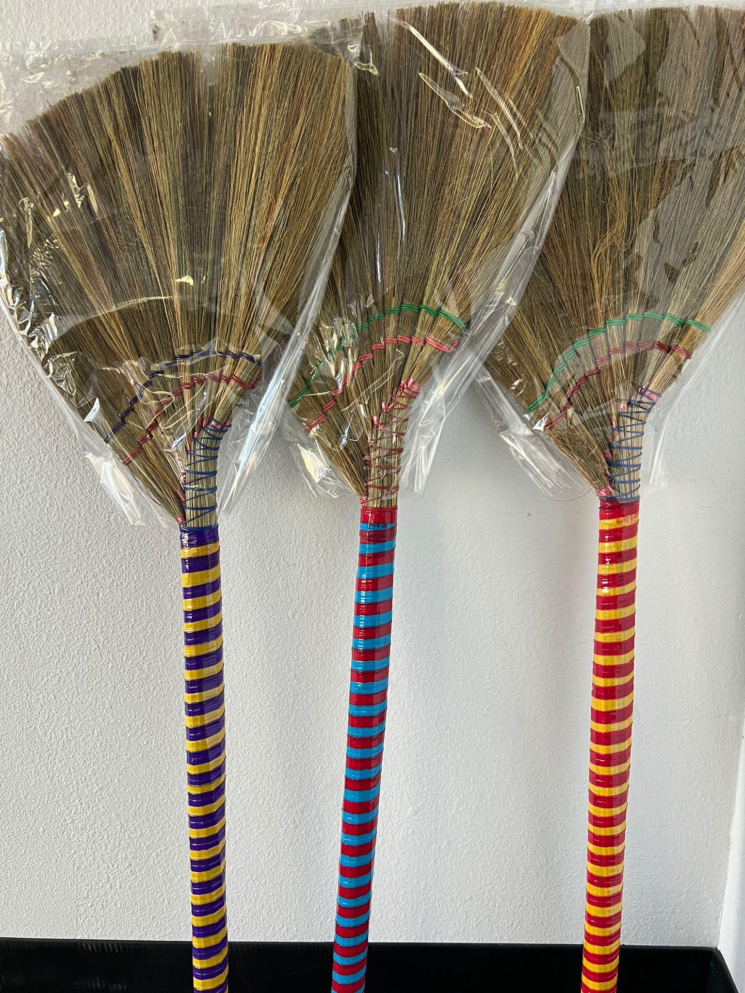 (6 Packs) Traditional Asian Broom Trio - 40" Vietnamese Straw Brooms for Gentle Cleaning