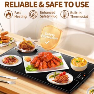 Electric Warming Tray（Large 22"x14"），Food Warmer with Thermostat and Full Surface Heating，Food Warming Mat with 2 Temperature Modes for Parties Buffet，Gatherings，Gold Edge Handles Warming Mat for Food